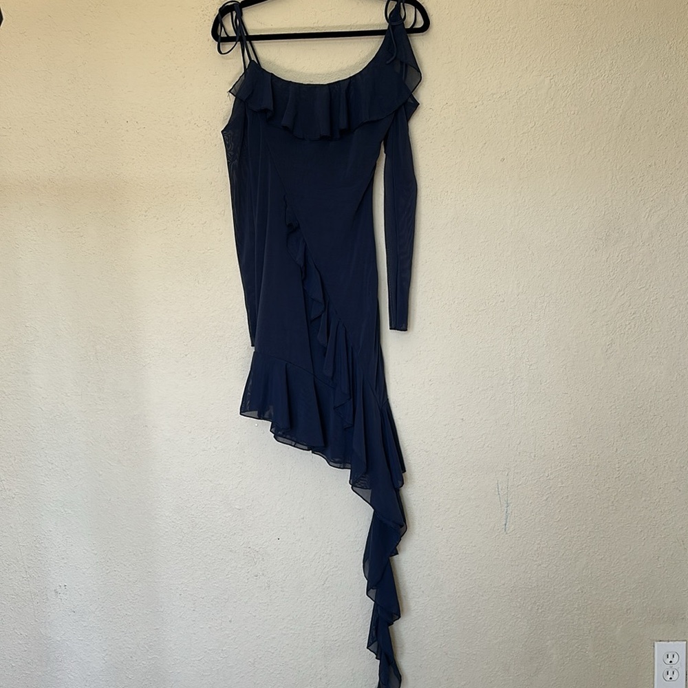 House of CB Kiki French Navy Ruffle Mini Dress Blue XS Tall Asymmetrical Mesh - Picture 9 of 10